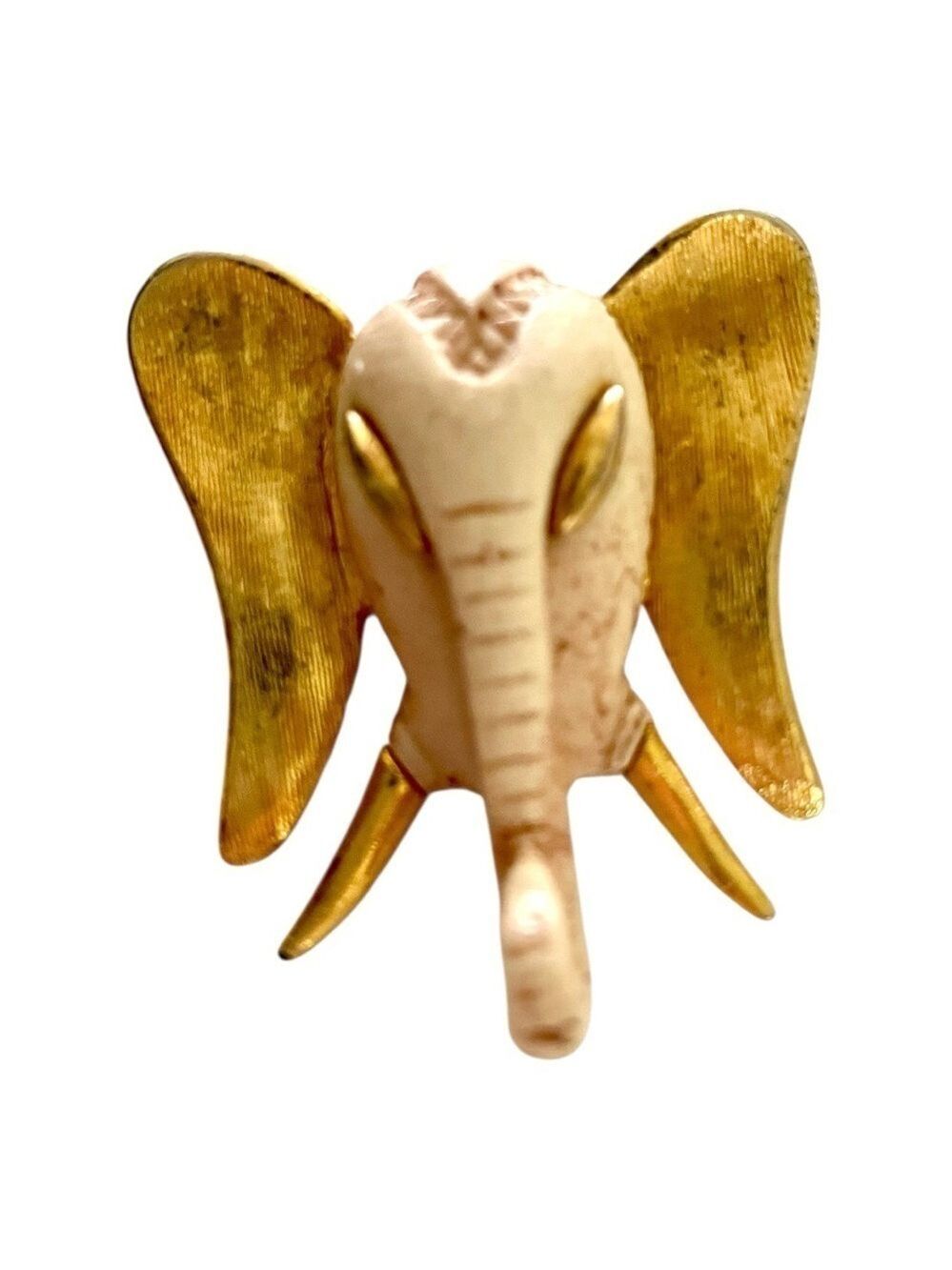 Razza Signed Vintage Elephant Head Brooch, Beige & Gold, 2” x 1 1/2”, Rare!